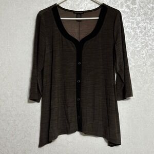 Susan Lawrence Brown Button‎ Front 3/4 Sleeve Tunic Top Black Trim Casual XL